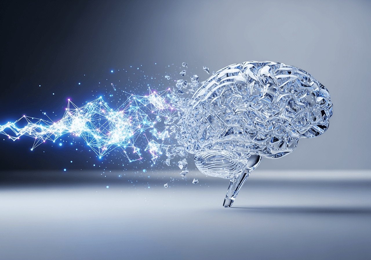 Abstract glowing neural network transforming into a realistic glass sculpture, symbolizing AI-powered creativity and image generation.