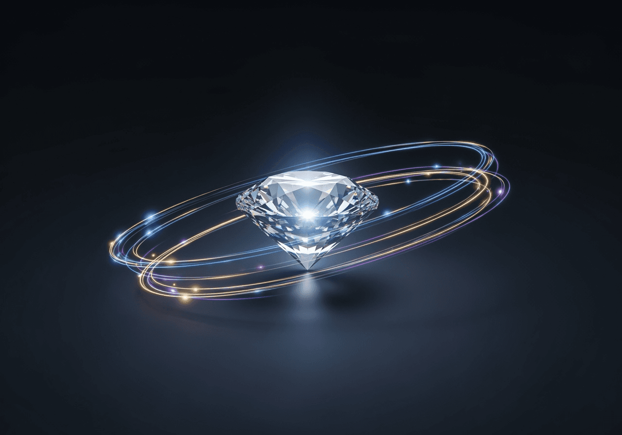 A glowing multifaceted diamond symbolizing AI creativity, with light trails orbiting it on a dark background.