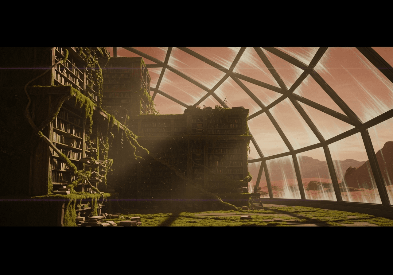 A futuristic biodome library on Mars, representing AI-generated video creation.