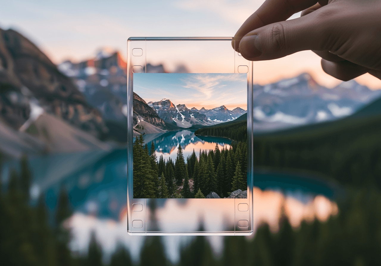 A clear film frame showing a perfect nature scene, symbolizing watermark-free AI video.