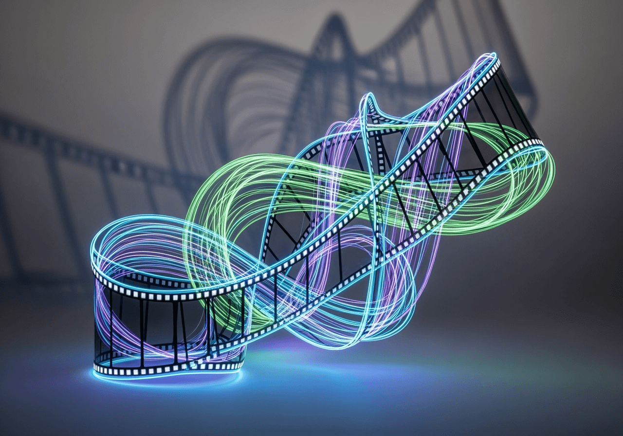 Abstract sculpture of light trails resembling a futuristic film strip in a minimalist studio.