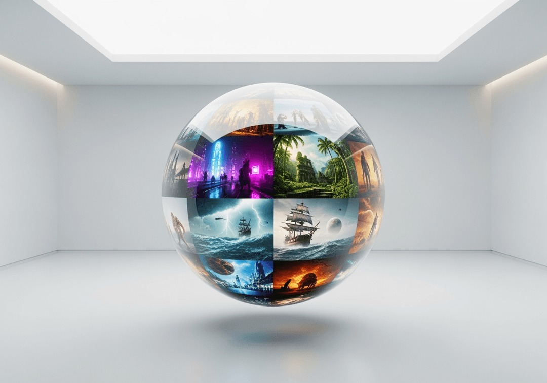 A polished chrome sphere reflecting diverse cinematic landscapes, representing a hub of AI models.