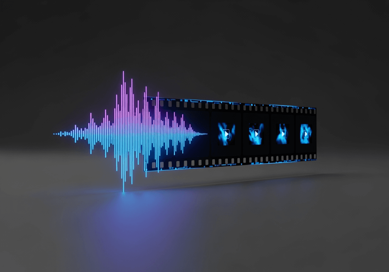 An abstract image of a soundwave turning into a film strip, symbolizing AI video generation with audio.