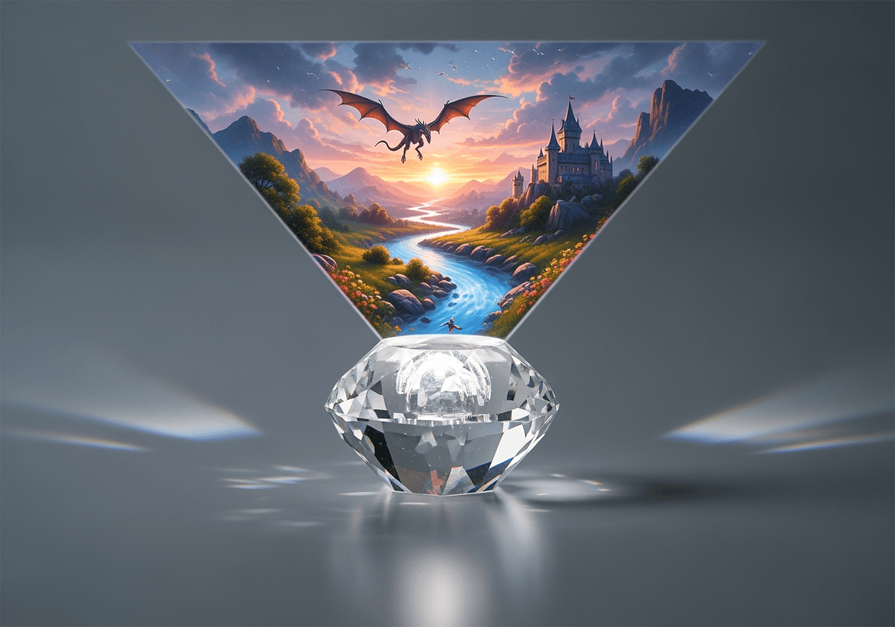 A minimalist crystal projecting a holographic cinematic scene, symbolizing powerful AI video generation from a simple source.