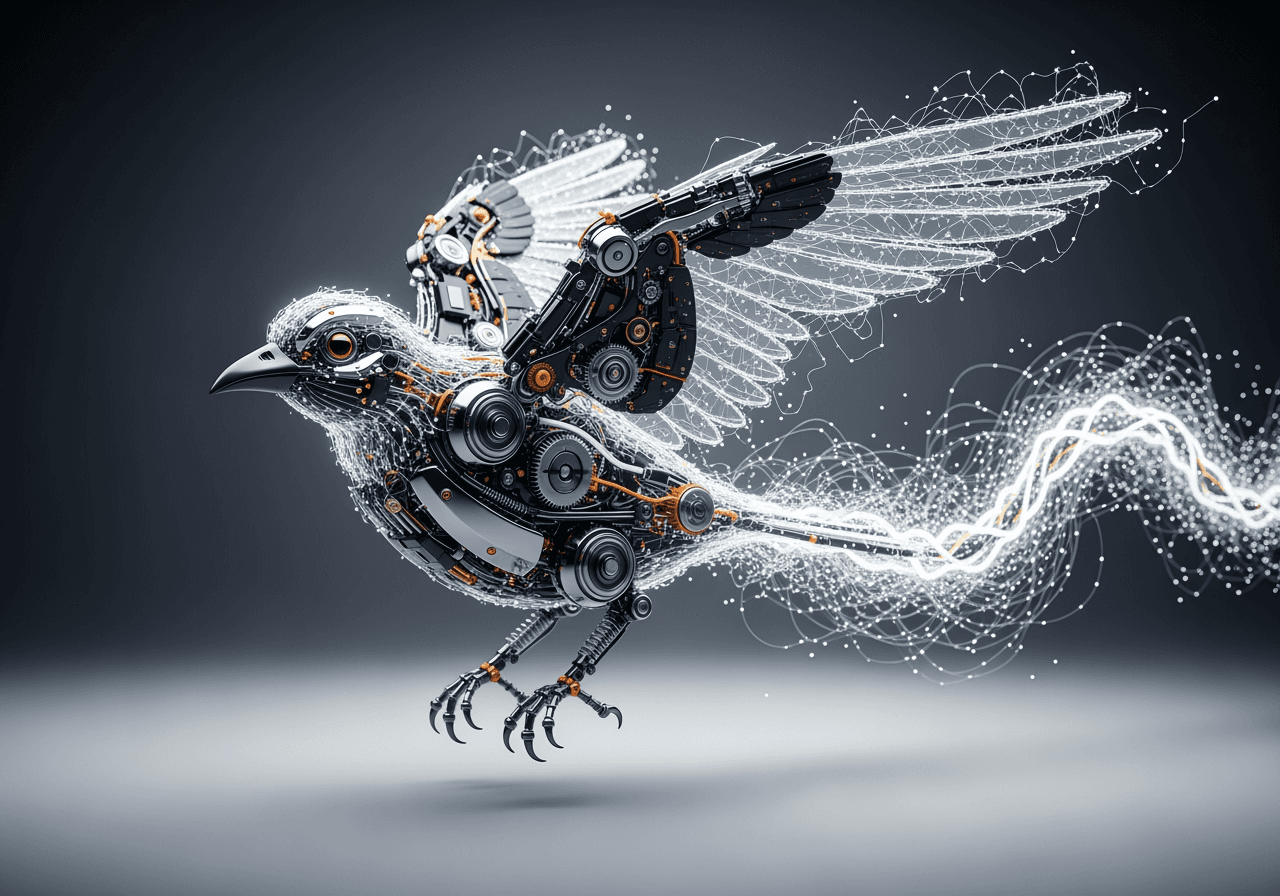 A glowing futuristic neural network transforming into a realistic mechanical bird, symbolizing advanced AI image generation.