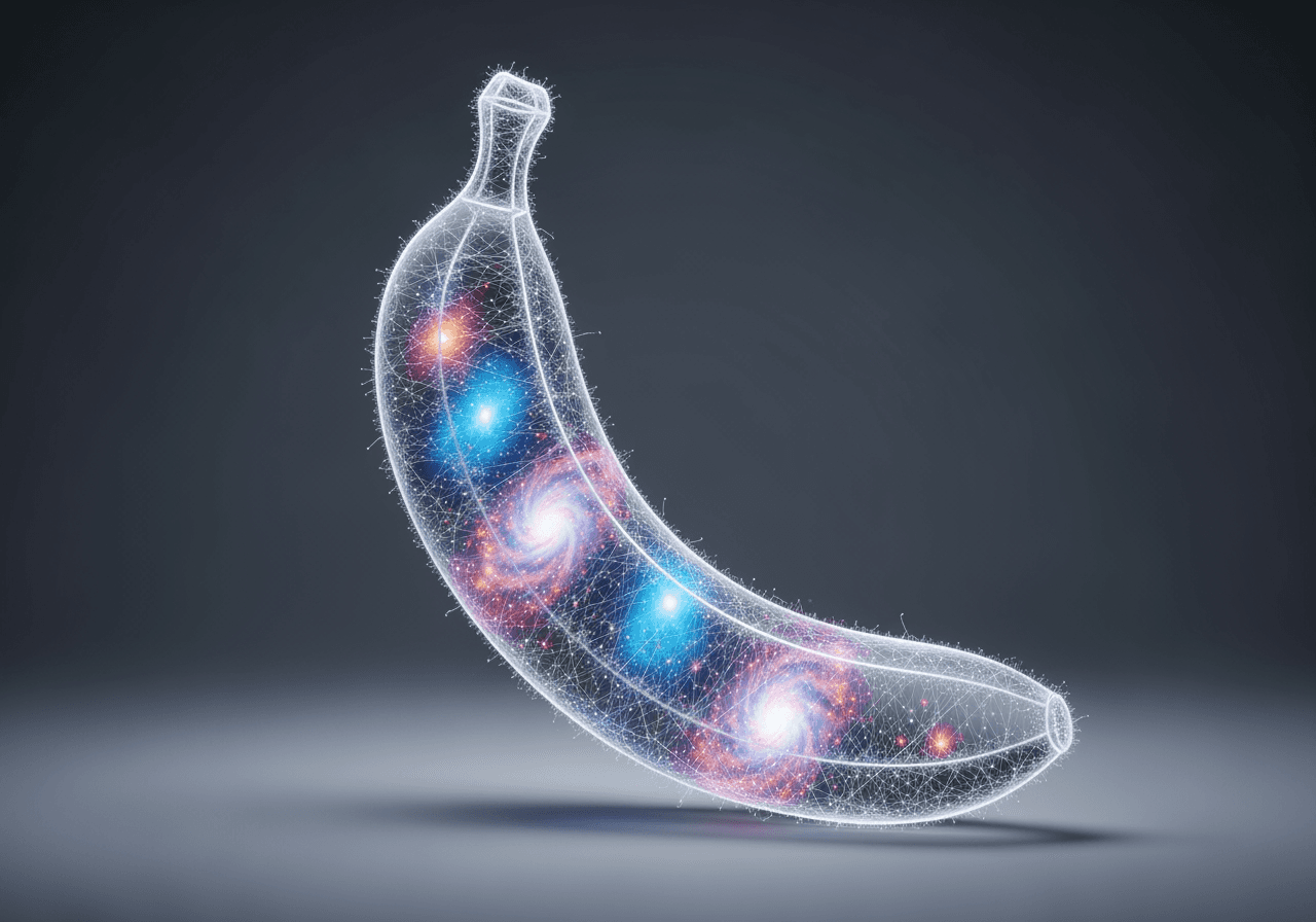 A transparent banana made of nanotechnology glowing on a dark minimalist background.