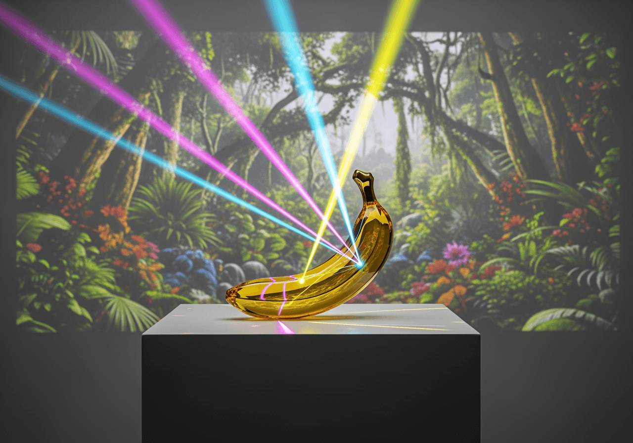 A crystal banana on a pedestal with light beams creating a hyper-realistic jungle, symbolizing AI image generation.
