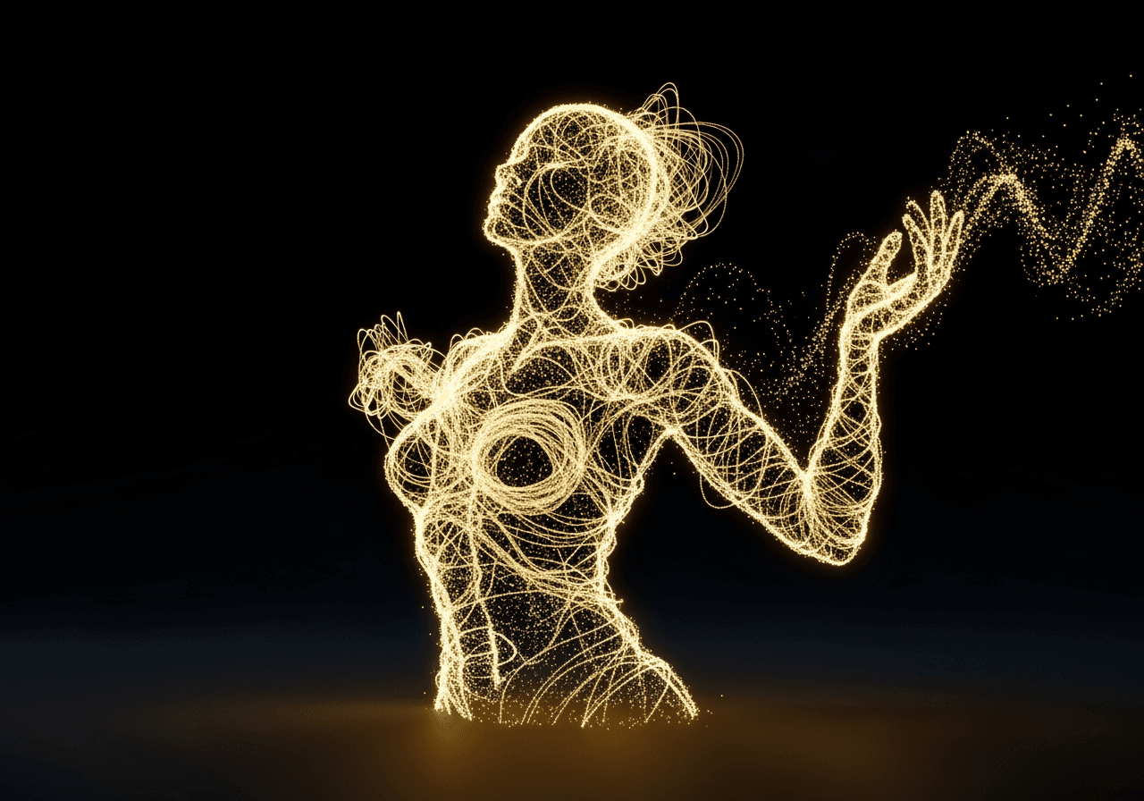 An abstract golden sculpture forming from light, representing AI image creation.