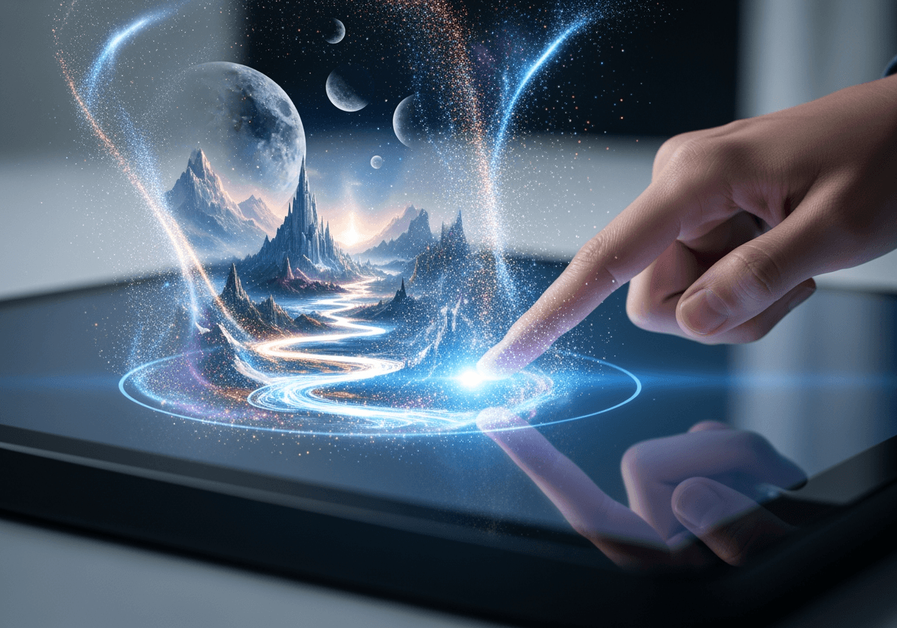 A hand interacting with a digital interface that is generating a hyper-realistic fantasy image, symbolizing AI creativity.