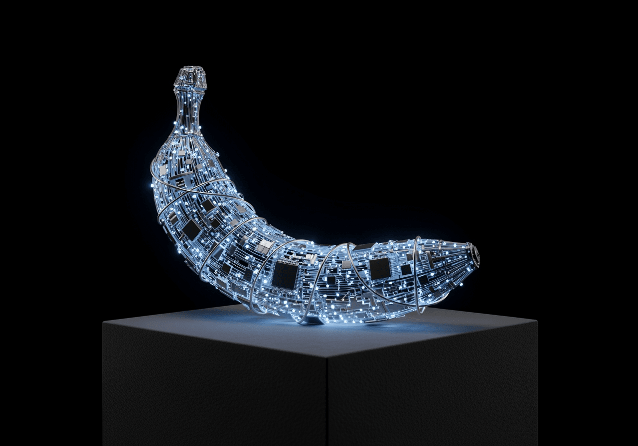 A high-tech banana made of glowing circuits on a museum pedestal, representing a premium AI image model.