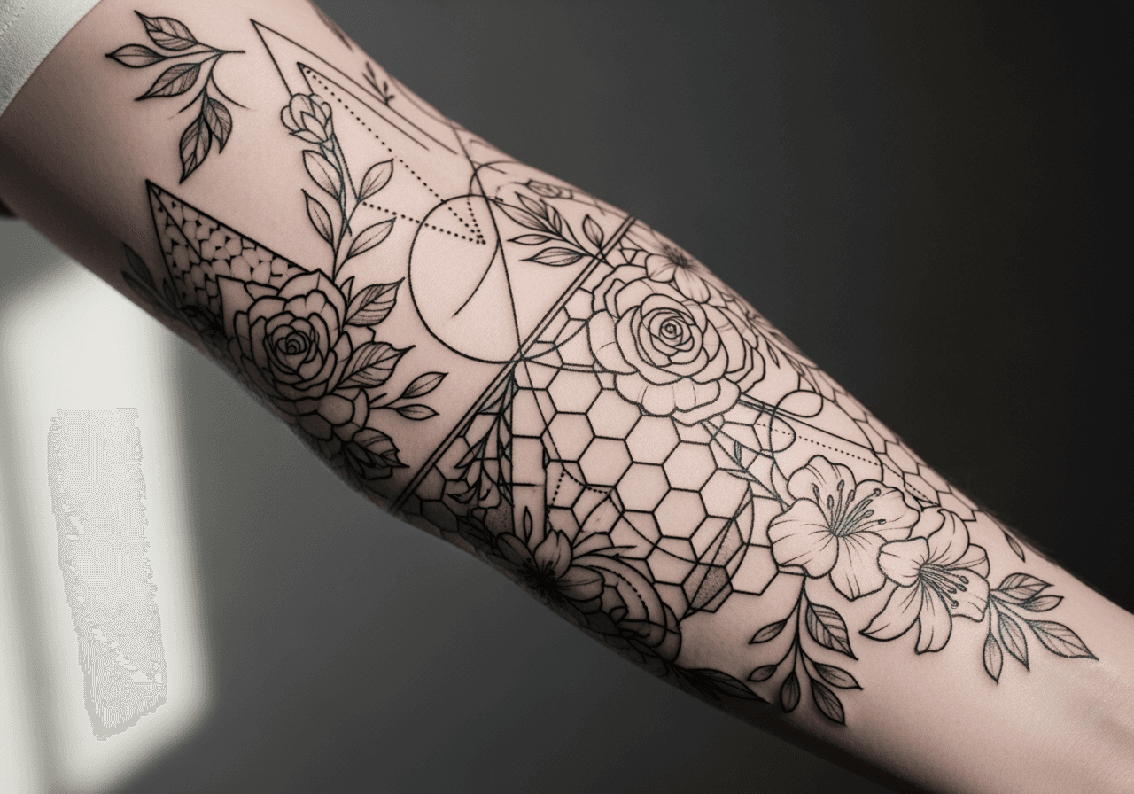 Primo piano di un delicato tatuaggio linework floreale e geometrico sul braccio di una persona.