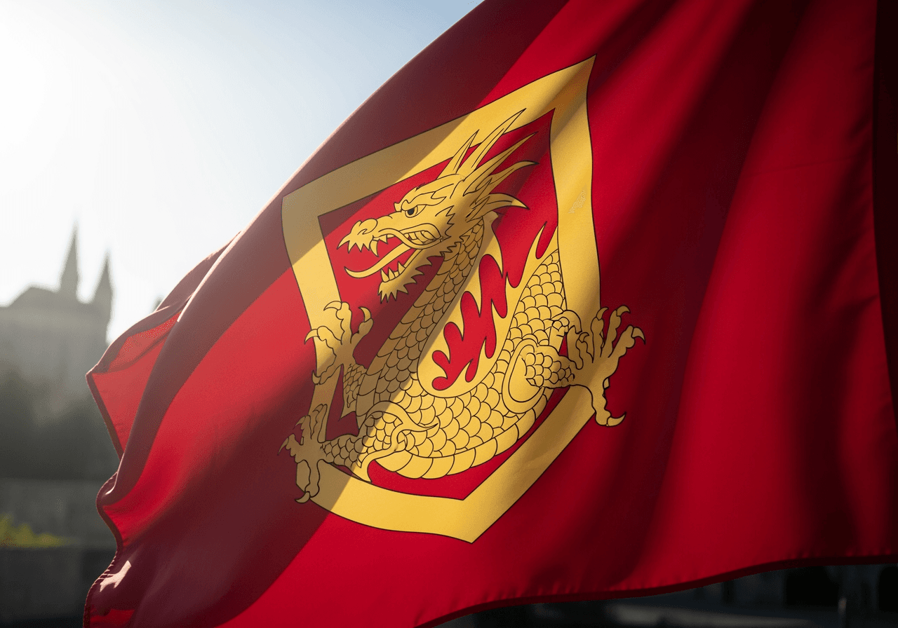 Close-up of a crimson flag with a golden dragon crest waving in the wind