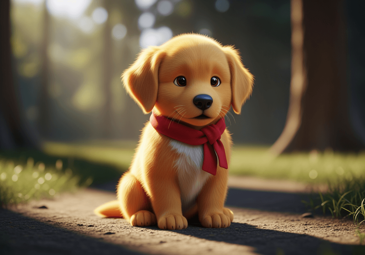 Cute 3D Golden Retriever puppy character with a red scarf sitting in a forest