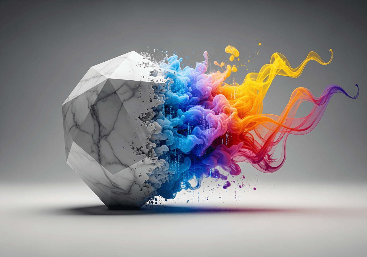 AI 이미지 트랜지션과 모핑 효과를 상징하는 고체에서 액체로 변하는 예술적인 조각