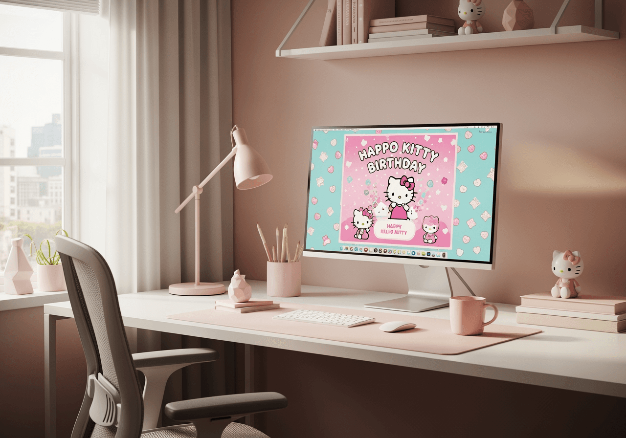Espace de travail de haute qualité montrant un design d'invitation Hello Kitty sur un écran