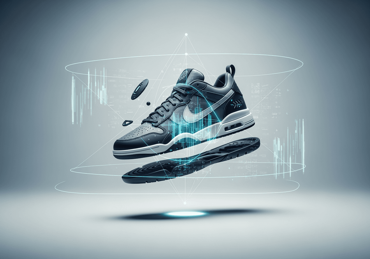 空中に浮かぶトレンディなスニーカーのスタイルと構造を分析するAI