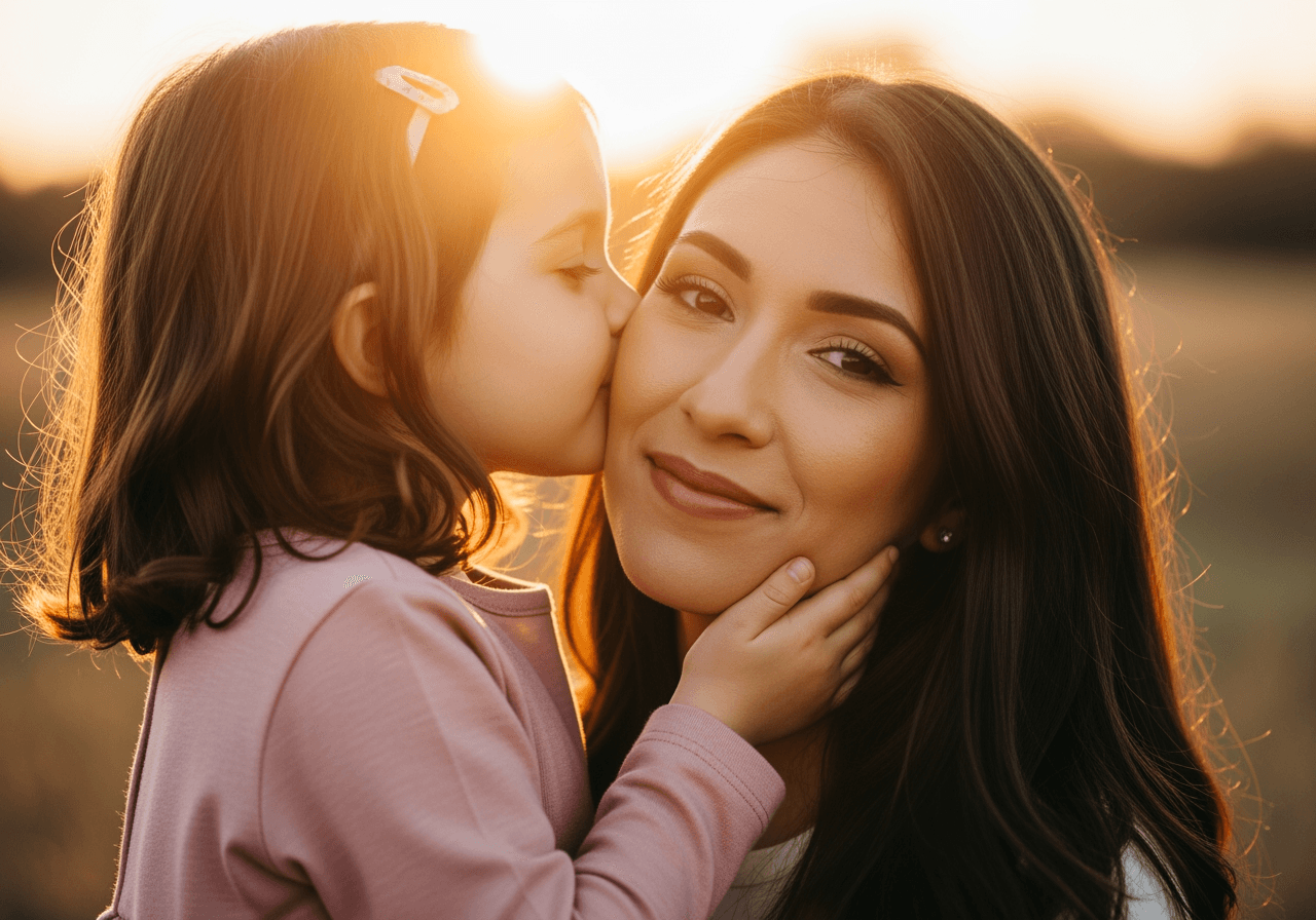 따뜻한 조명 아래 엄마의 볼에 뽀뽀하는 어린 소녀의 클로즈업