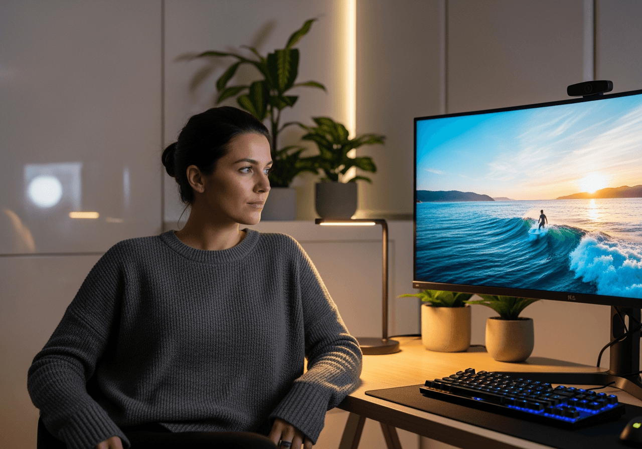 현대적인 스튜디오 모니터에 비친 생생한 시네마틱 비디오 영상