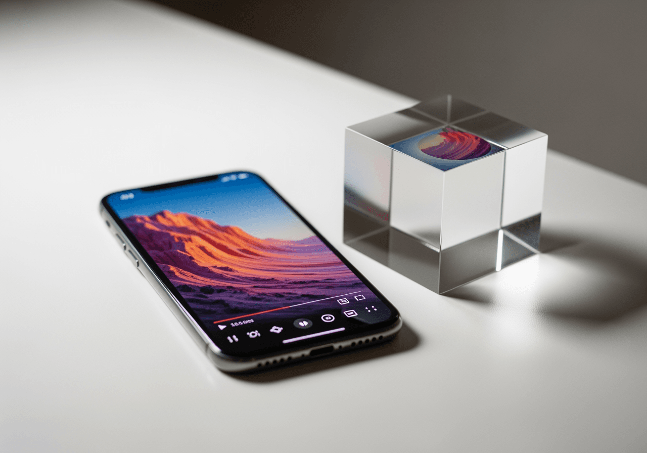 Smartphone auf Schreibtisch mit Prisma, das gespiegeltes Video zeigt