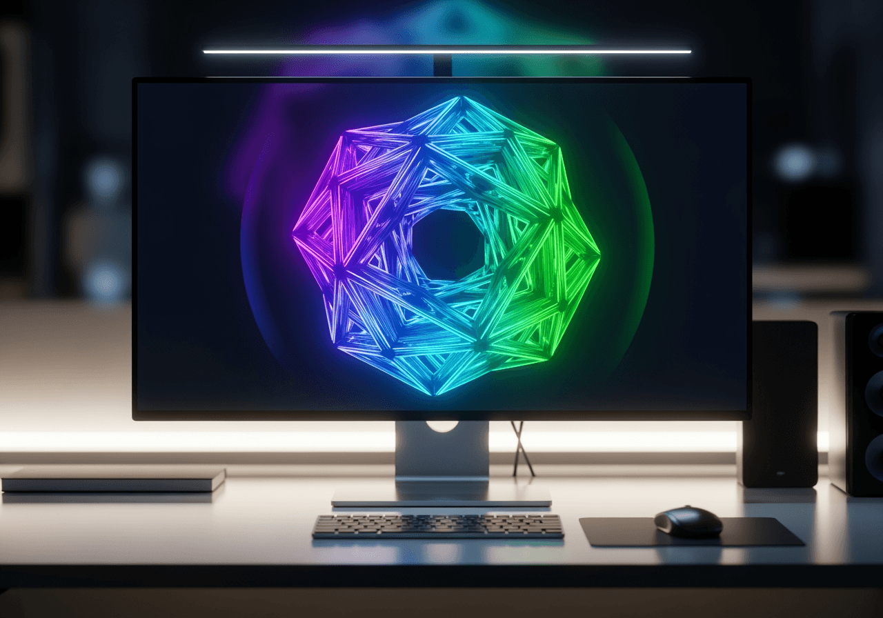 ミニマルなワークスペースのモニター画面で90度回転する鮮やかな3D抽象図形