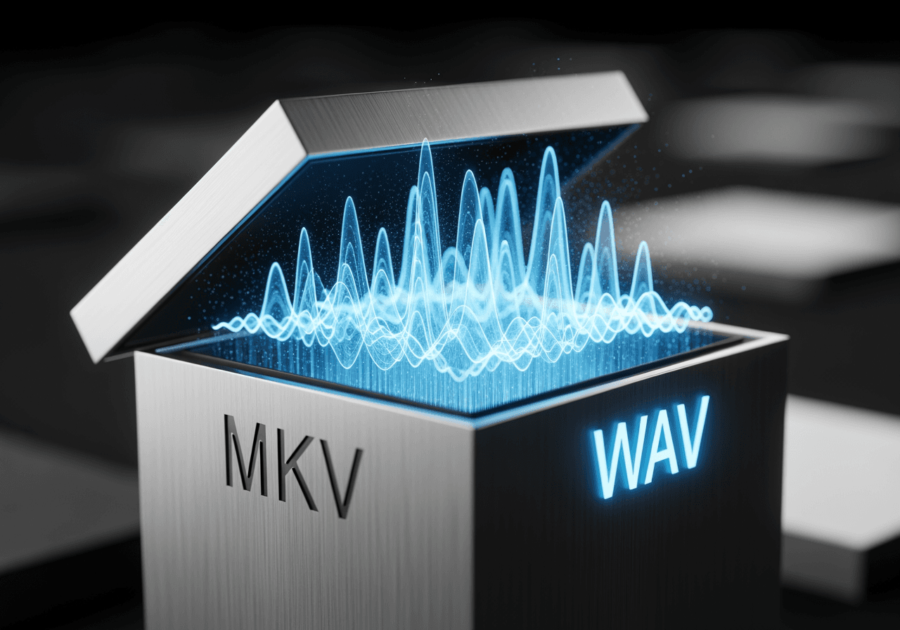 MKV 비디오 파일에서 고품질 WAV 오디오 파형이 추출되는 추상적인 디지털 이미지
