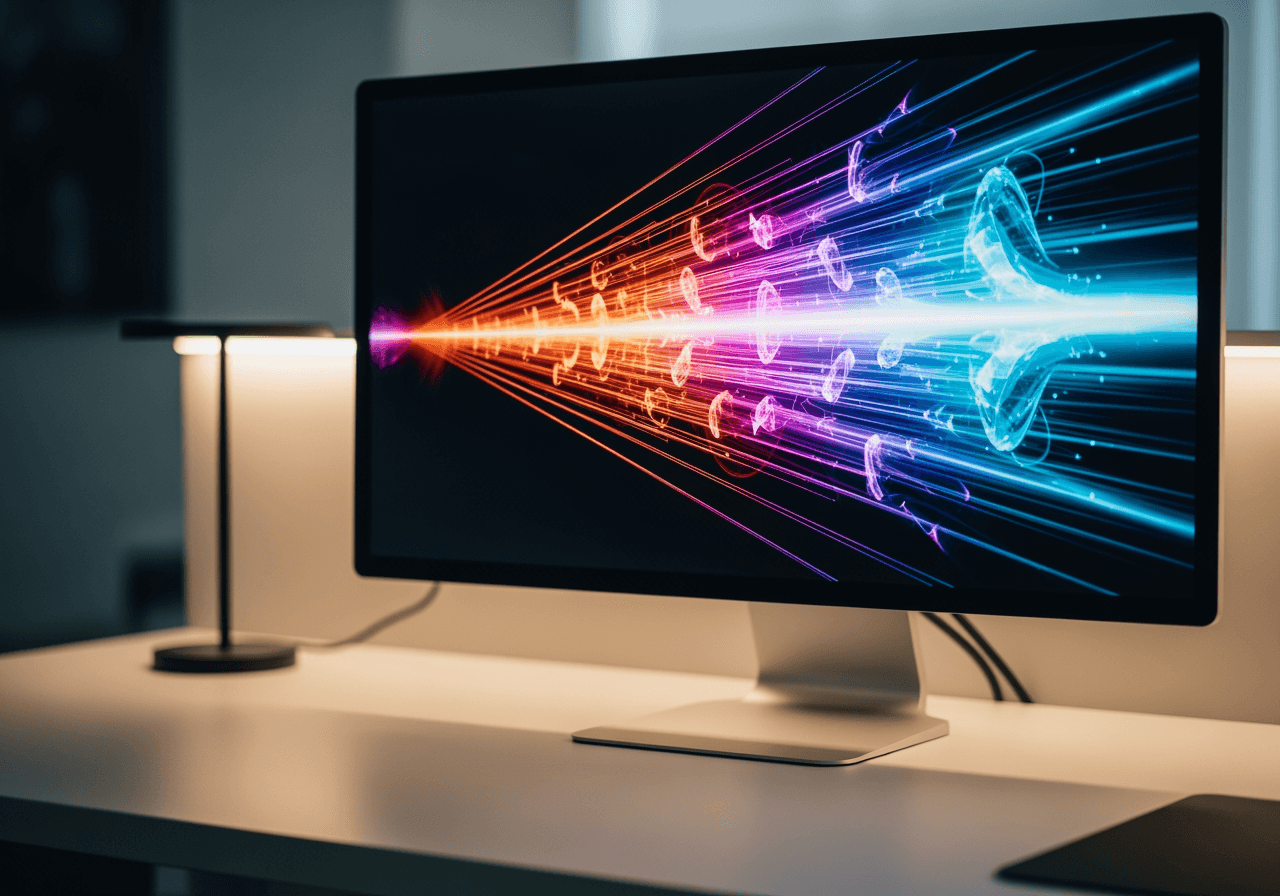 Abstrakte Visualisierung mehrerer Videoclips, die auf einem modernen Schreibtisch natürlich zu einem einzigen klaren 4K-Stream verschmelzen