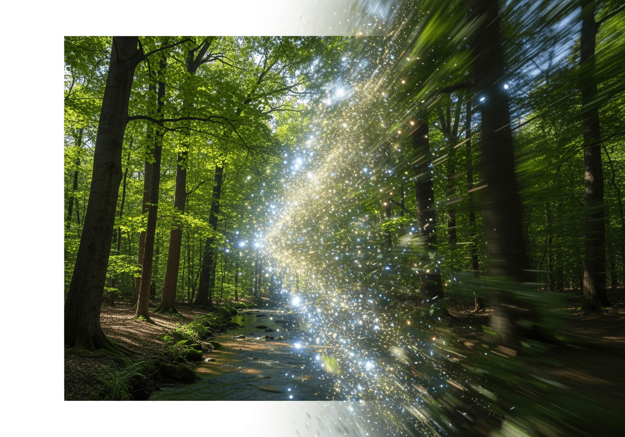 정지된 숲 풍경 사진이 바람에 흔들리는 생동감 넘치는 영상으로 변환되는 예술적인 이미지