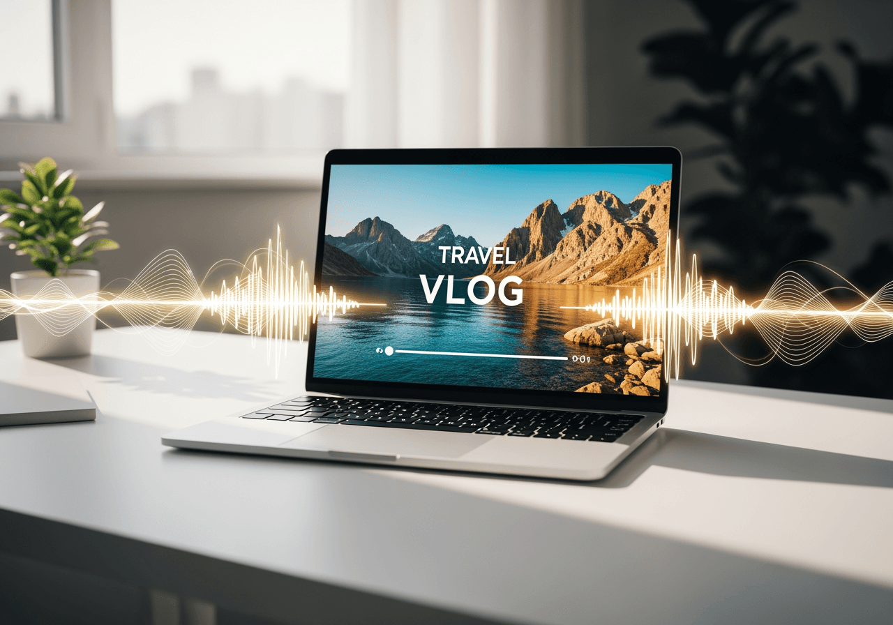 여행 브이로그 영상이 재생되는 노트북 주위를 감싸는 AI 오디오 파형, 밝고 현대적인 스튜디오 배경