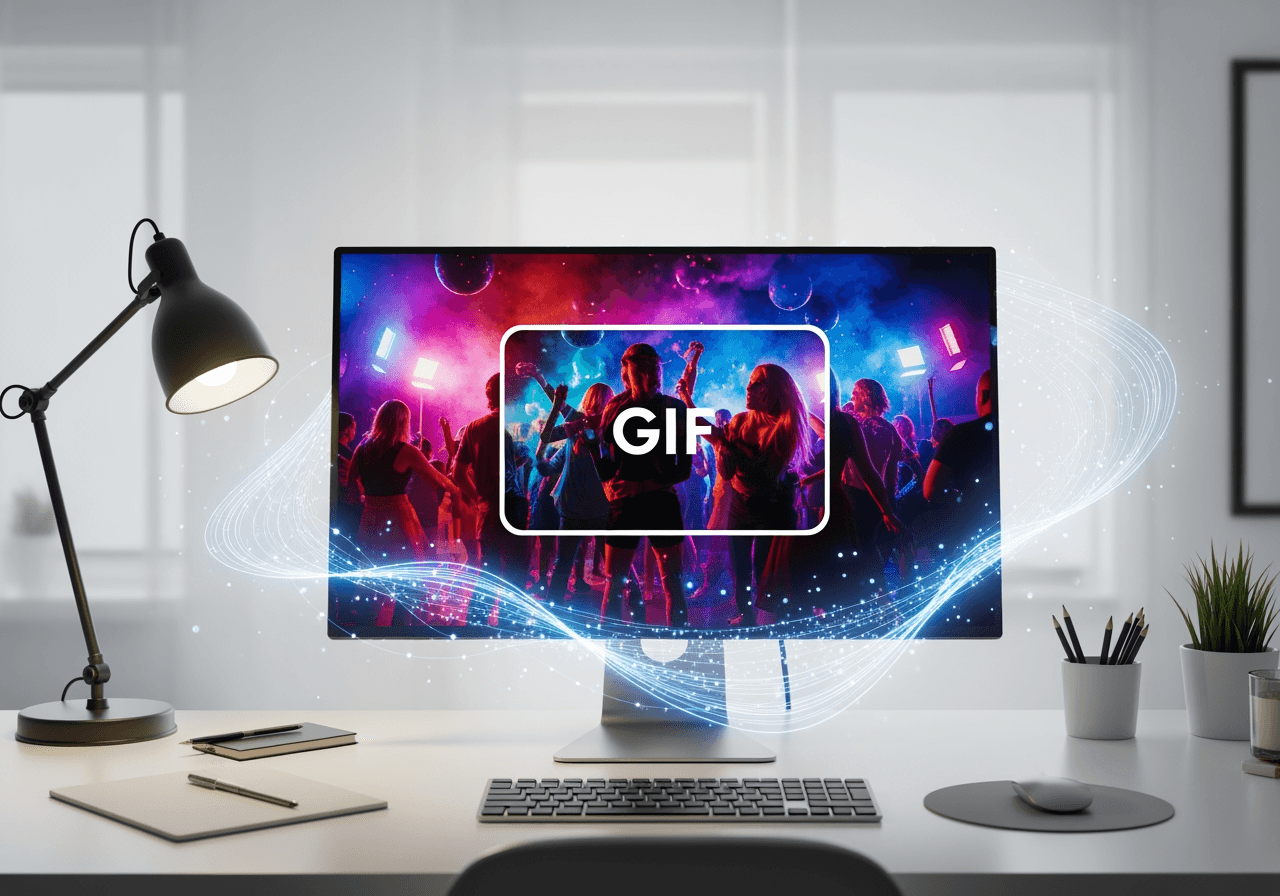 Spazio di lavoro moderno con un monitor di alta qualità che modifica una scena GIF vibrante tramite IA