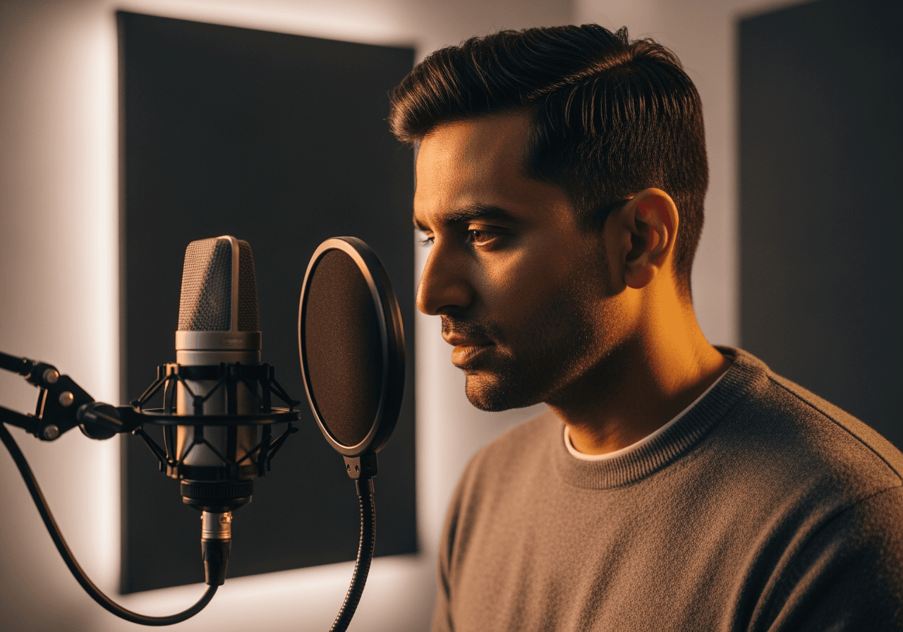 현대적인 스튜디오에서 마이크 앞에 있는 전문 인도 성우의 모습