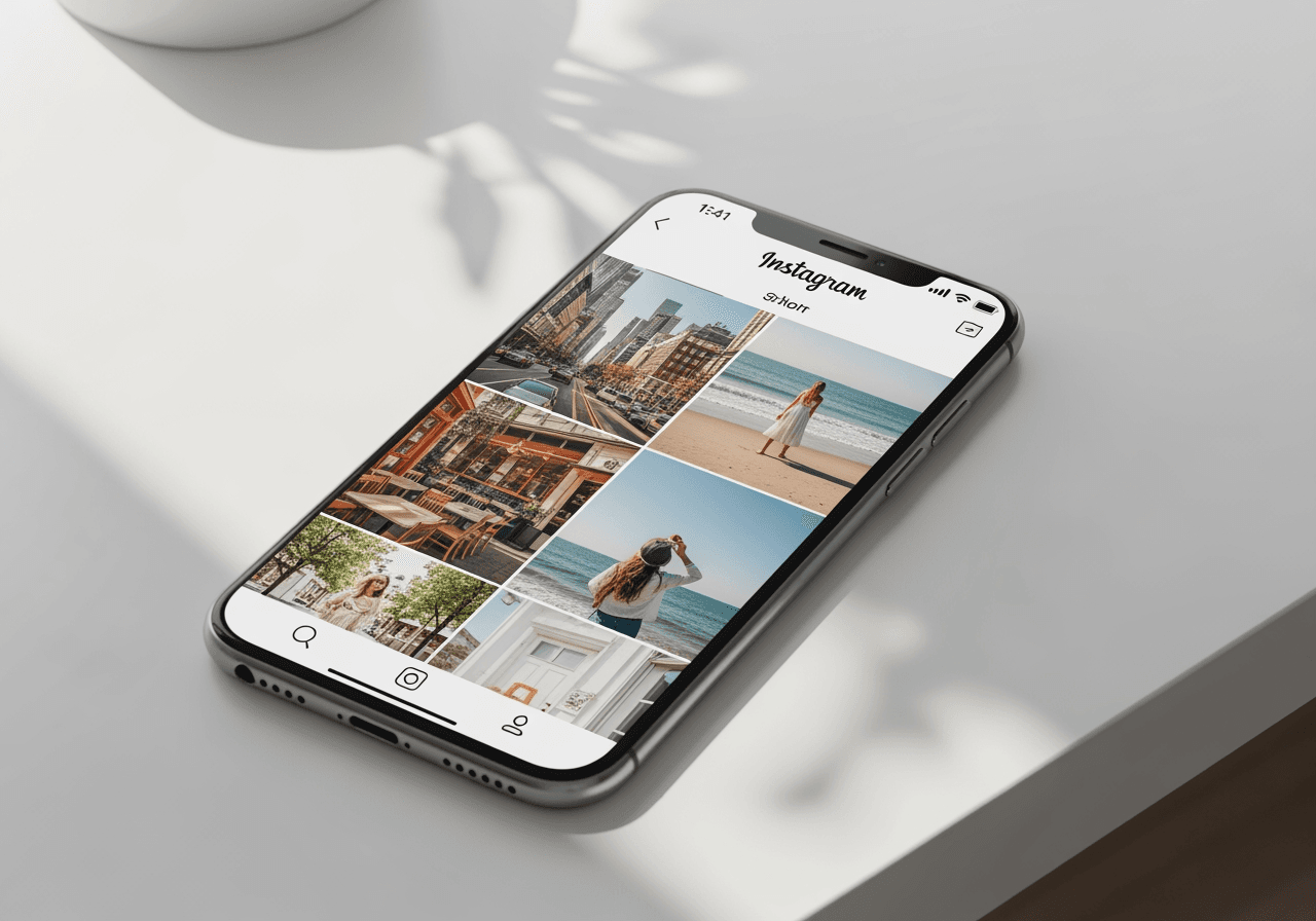 Smartphone auf dem Schreibtisch, das eine nahtlose Instagram-Collage zeigt