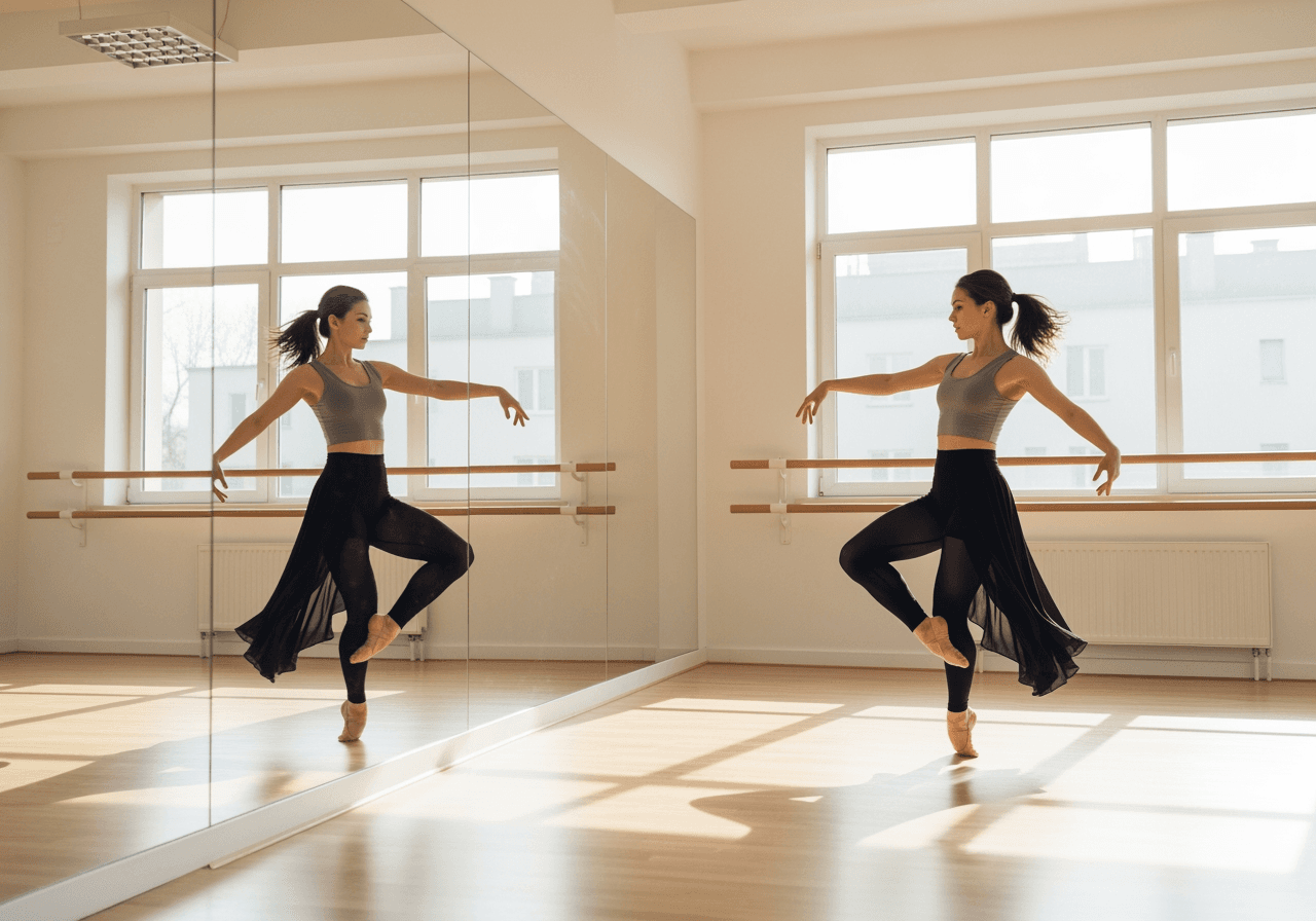 거울 반사 효과가 있는 스튜디오에서 연습하는 댄서의 모습
