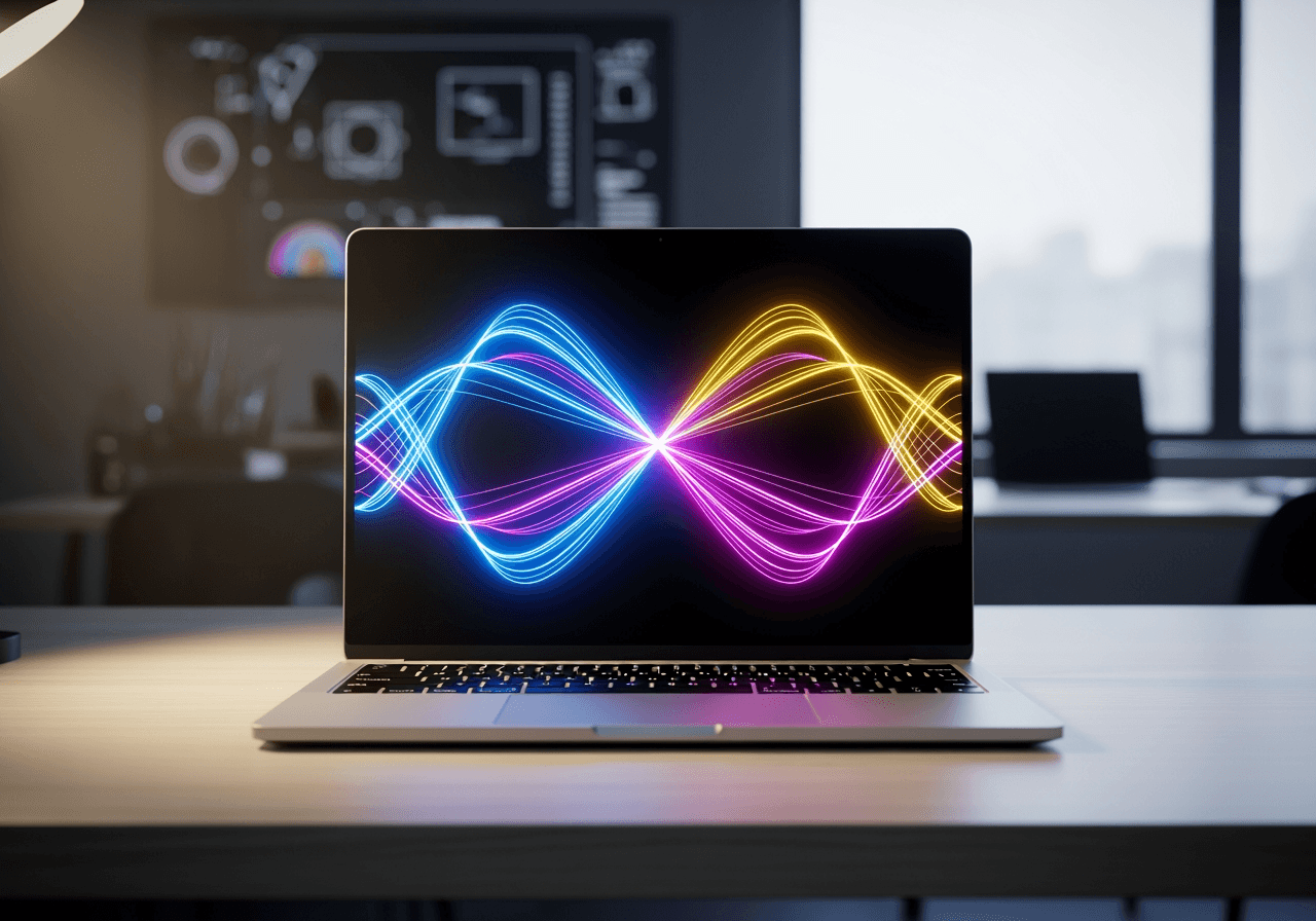 现代书桌上的笔记本电脑显示抽象的霓虹数字艺术