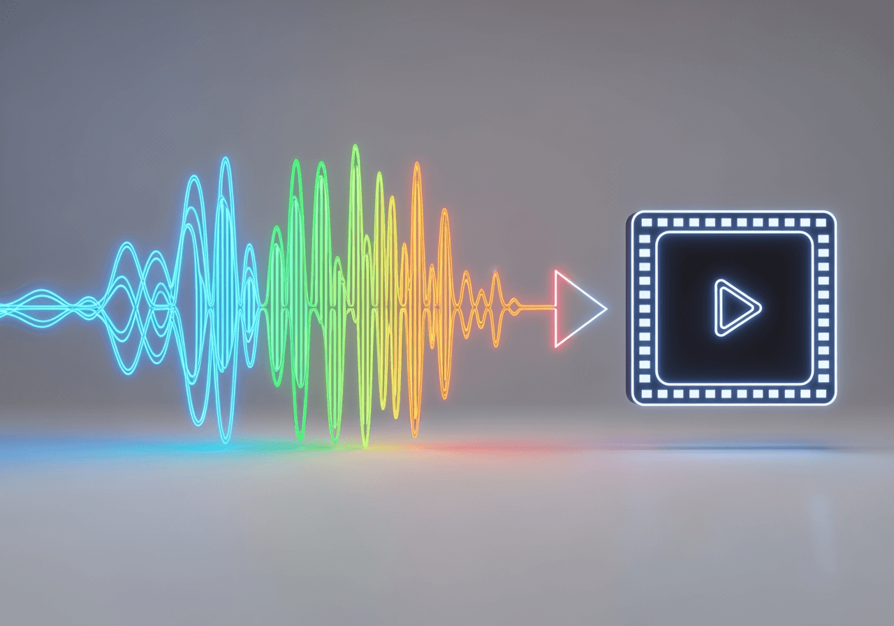 MP3에서 MOV로의 변환을 상징하는 비디오 프레임으로 변하는 빛나는 음파.