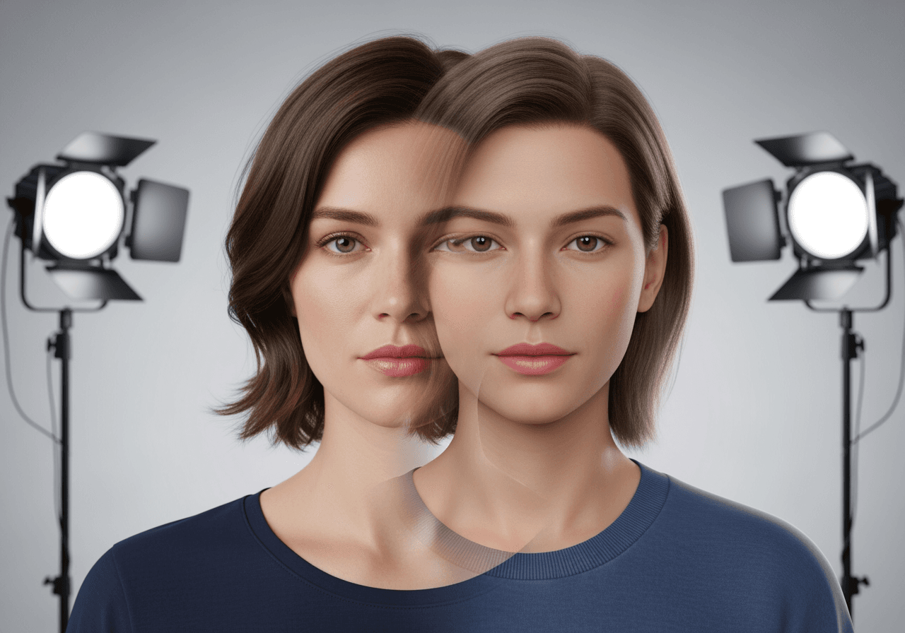 Immagine di alta qualità che confonde il confine tra realtà e virtualità con una persona reale e un gemello IA iper-realistico fianco a fianco