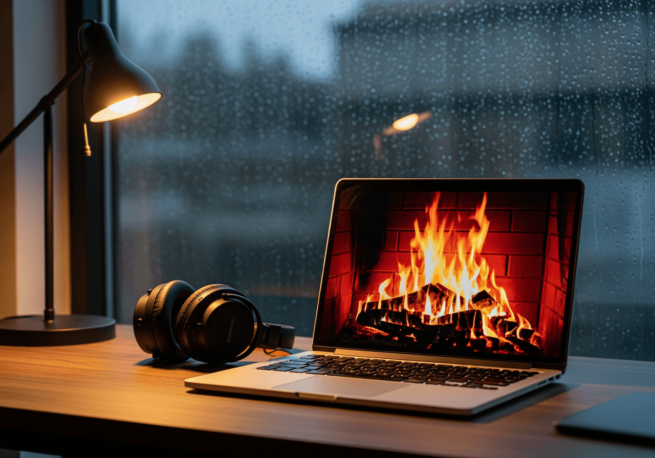 벽난로 화면이 띄워진 노트북과 헤드폰이 있는 아늑한 작업 공간