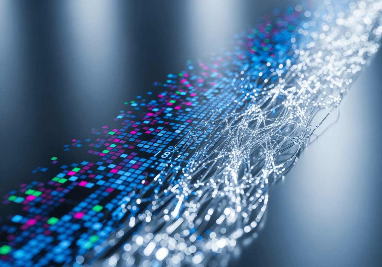 Flujo de datos digitales abstracto transformándose de textura pixelada a alta definición suave