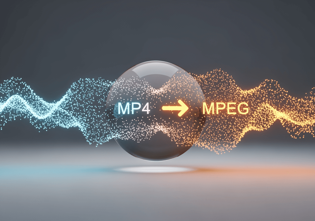 디지털 비디오 변환을 상징하는 빛나는 데이터 흐름과 유리 렌즈