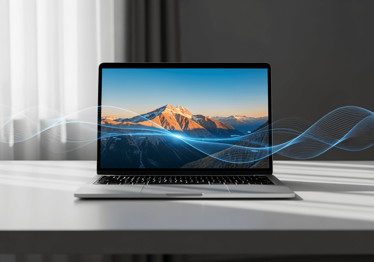 깔끔한 책상 위, AI 조명 효과와 함께 시네마틱한 영상을 보여주는 최신 노트북