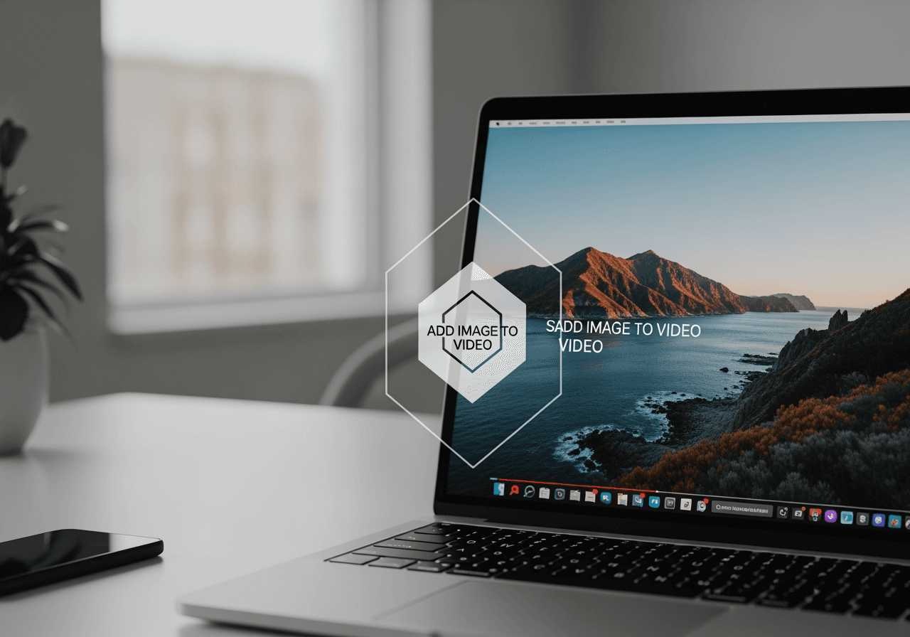 비디오 클립 위에 로고 이미지를 오버레이하는 과정을 보여주는 노트북 화면