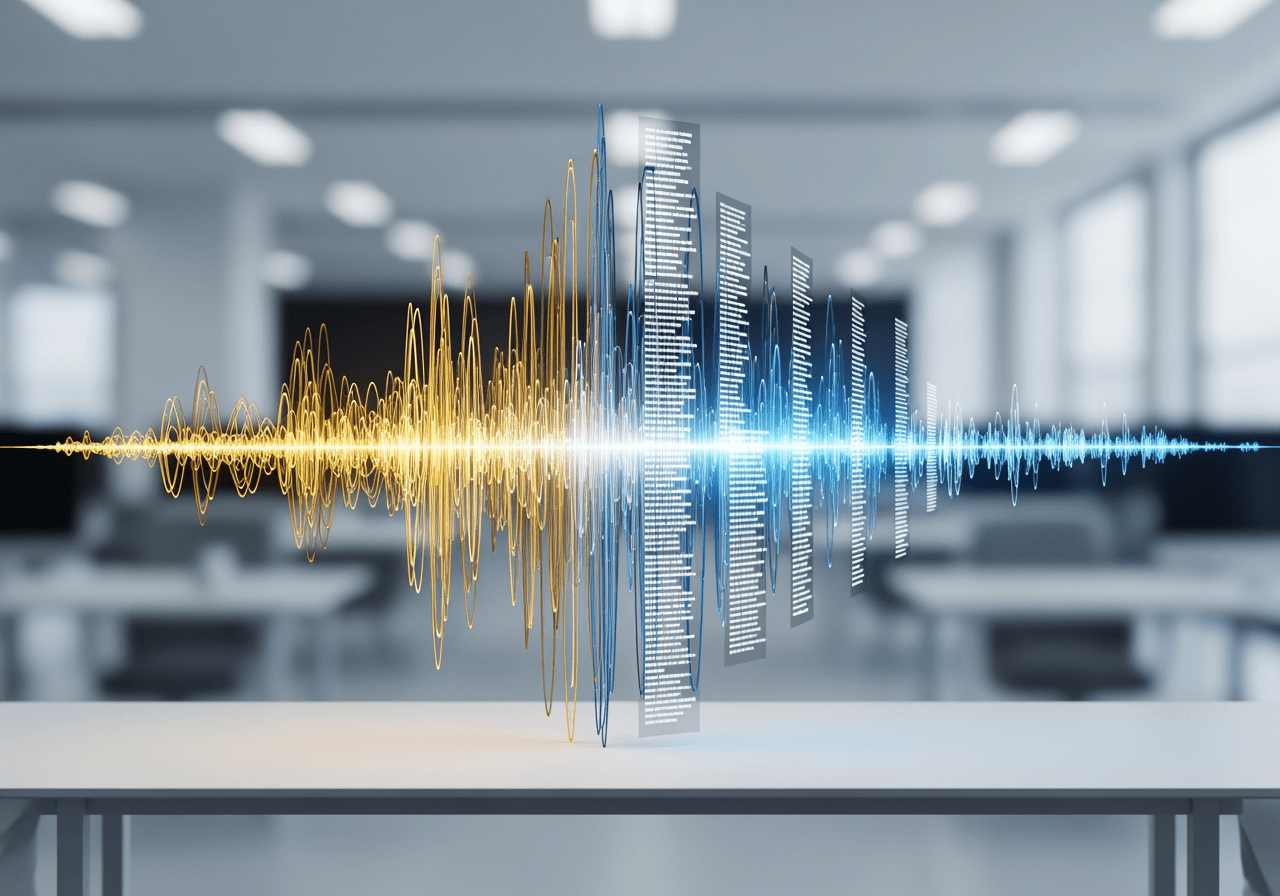 현대적인 책상 위에서 텍스트 문서로 부드럽게 변환되는 빛나는 오디오 파형