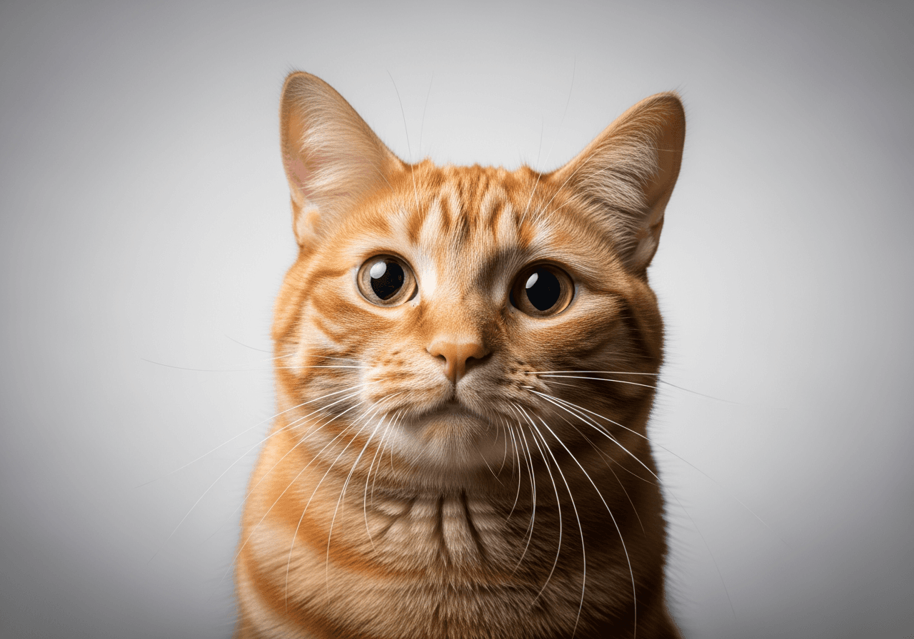 스튜디오 조명 아래 혼란스러운 표정을 짓고 있는 고양이의 고화질 사진