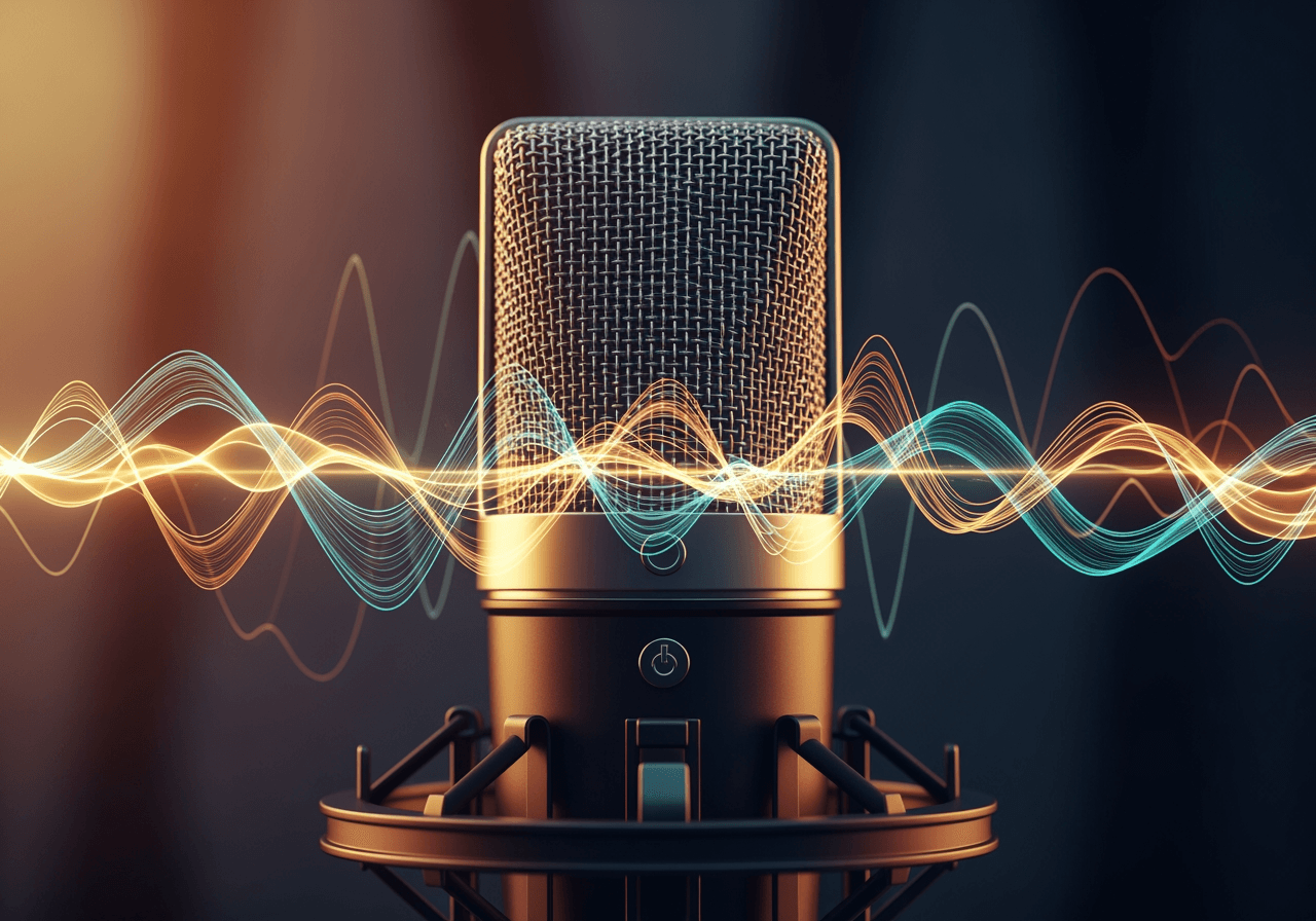 带有抽象数字声波的专业录音室麦克风，象征英语到索马里语的语音翻译