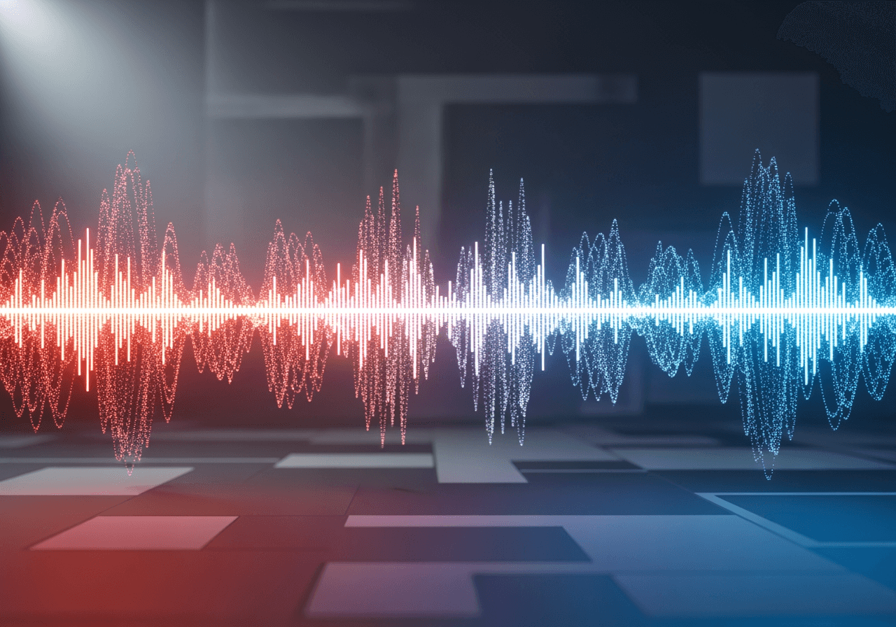 스페인어에서 영어로 변환되는 과정을 시각화한 추상적인 오디오 음파 이미지