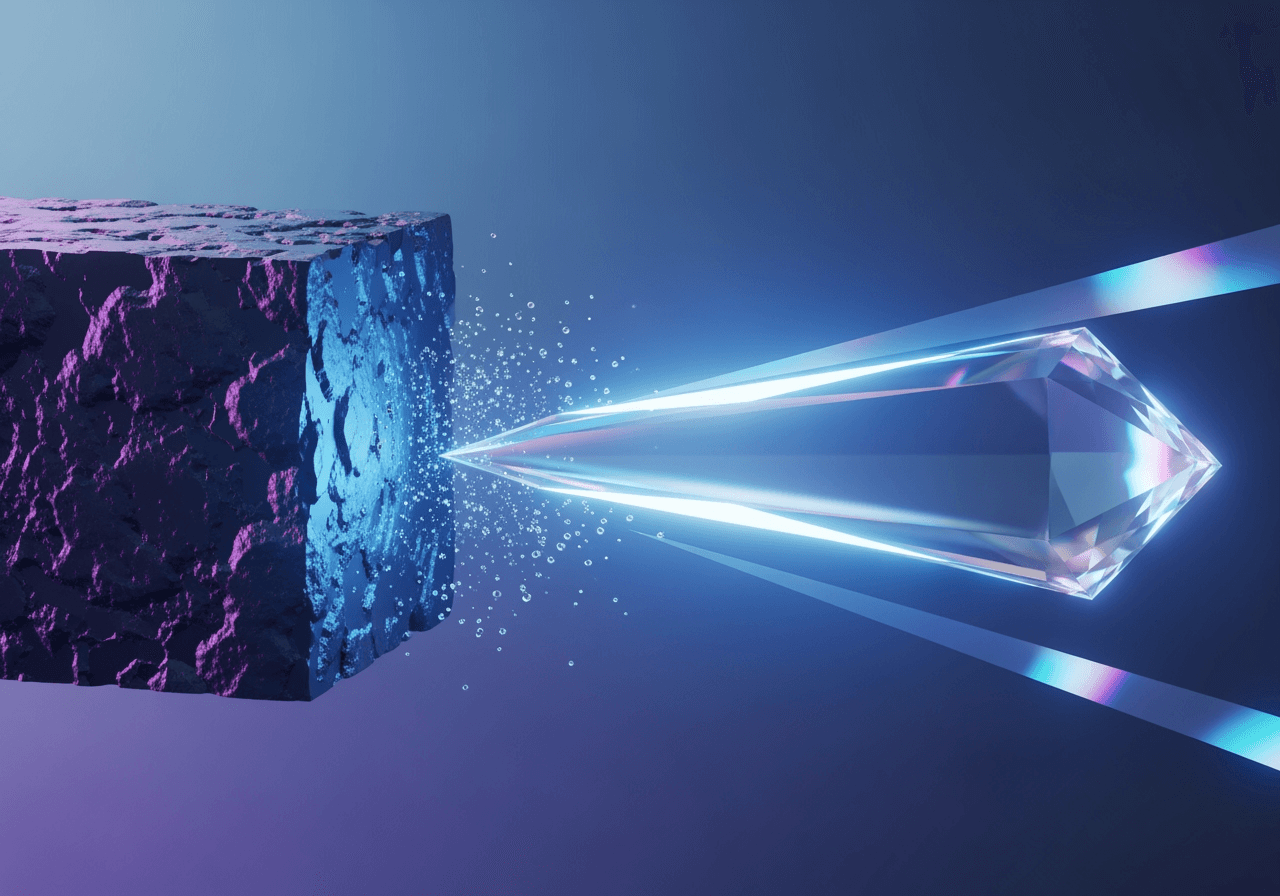 大容量の動画データがプリズムを通って高品質な光の束に圧縮される抽象的なイメージ