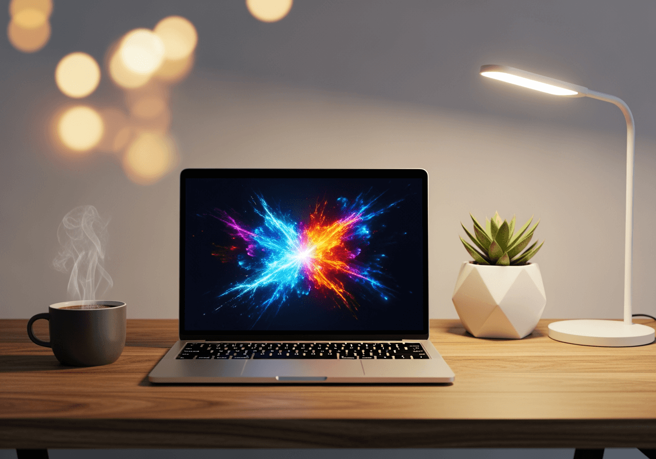 Spazio di lavoro moderno per creator con laptop e illuminazione calda