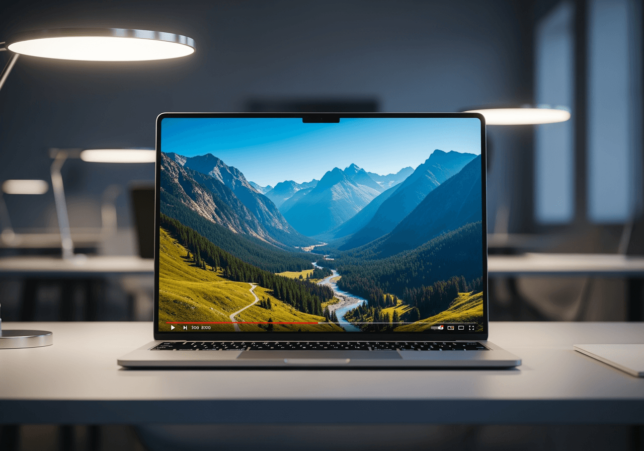 자막이 없는 깨끗한 풍경 영상을 보여주는 모던한 노트북 화면