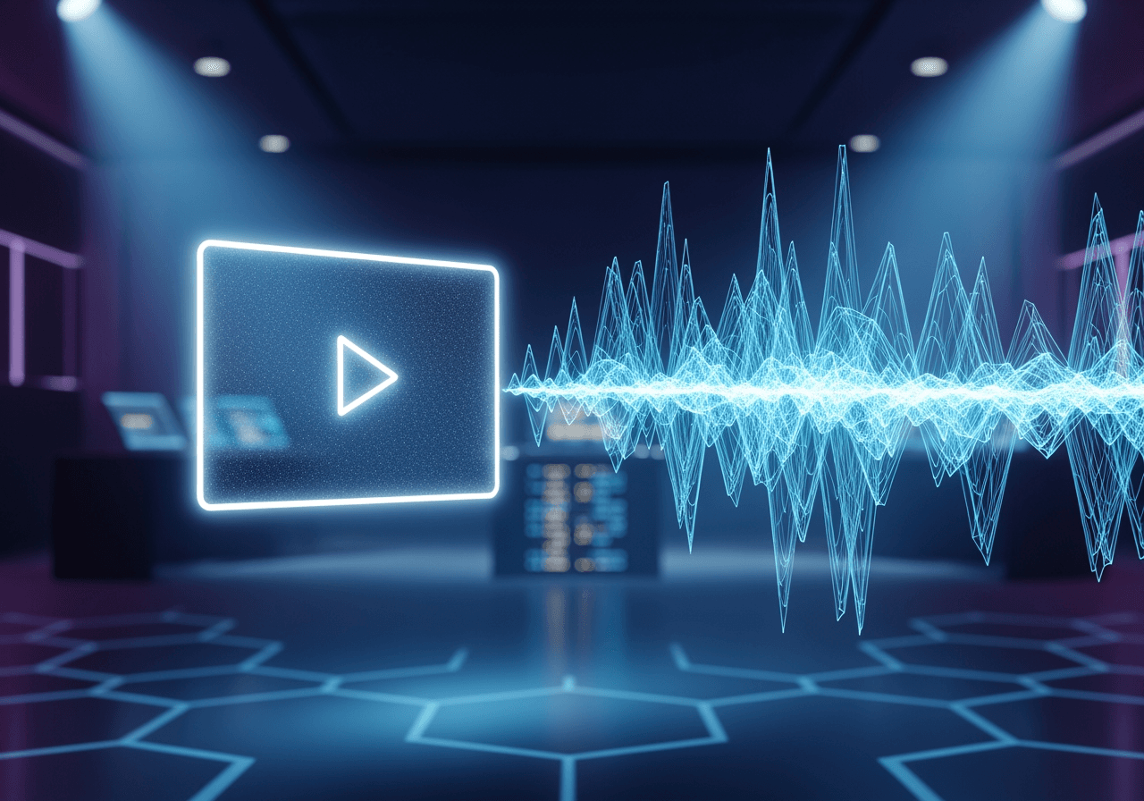 Visualización abstracta de video MP4 transformándose en forma de onda de audio WAV de alta fidelidad
