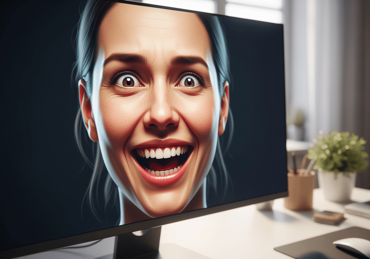 현대적인 작업 공간의 모니터 화면에 나타난 생생한 AI 생성 리액션 비디오