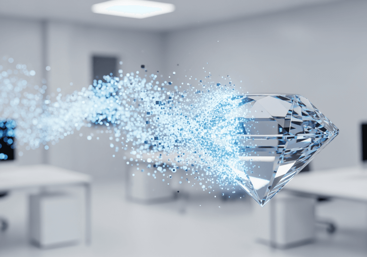 3D abstract image showing the process of blurred particles transforming into a clear crystal